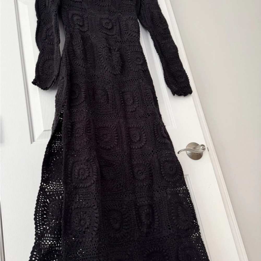 Anthropologie Bohemian Black Crochet Knit Long-Sleeve Midi Dress Large - Picture 10 of 12